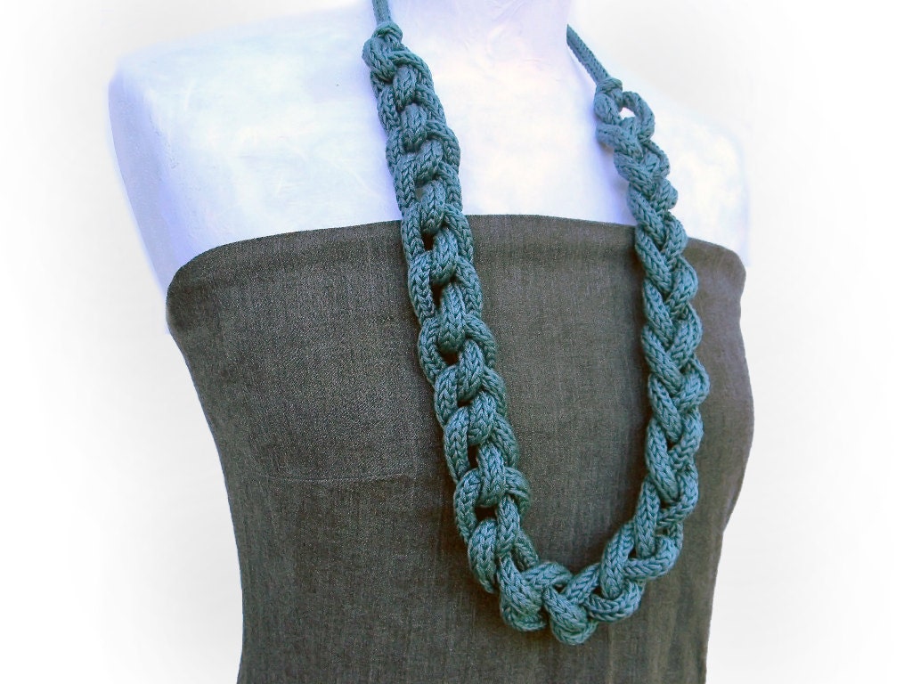 Teal green chain long necklace, cotton necklace, knit knot, knitted jewelry. Fiber necklace
