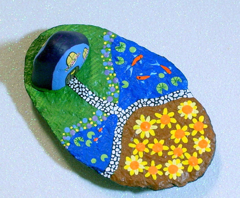 Miniature farm set, fairy cottage, spring, Koi pond, cobblestone, collectible, Folk art, Americana, diorama, hand painted rocks, Rockartiste