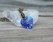 Swarovski Heart Necklace, Purple ,Blue, Vintage Brass, Valentines Day