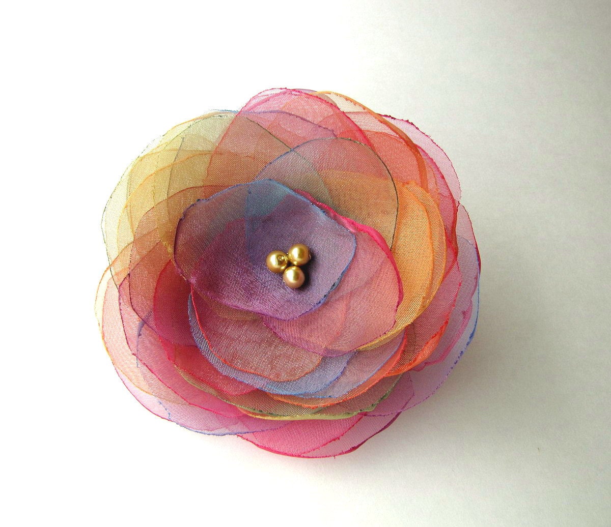 Handmade organza flower brooch, fabric flower, floral accessory, flower brooch, organza flower brooch - RAINBOW BLOSSOM