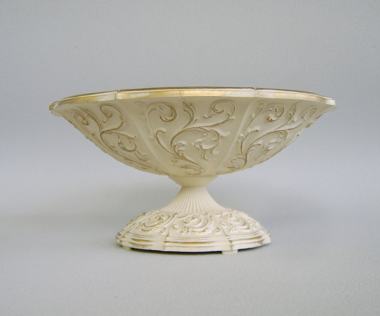 Vintage Cream Gold Syroco Pedestal Bowl Compote