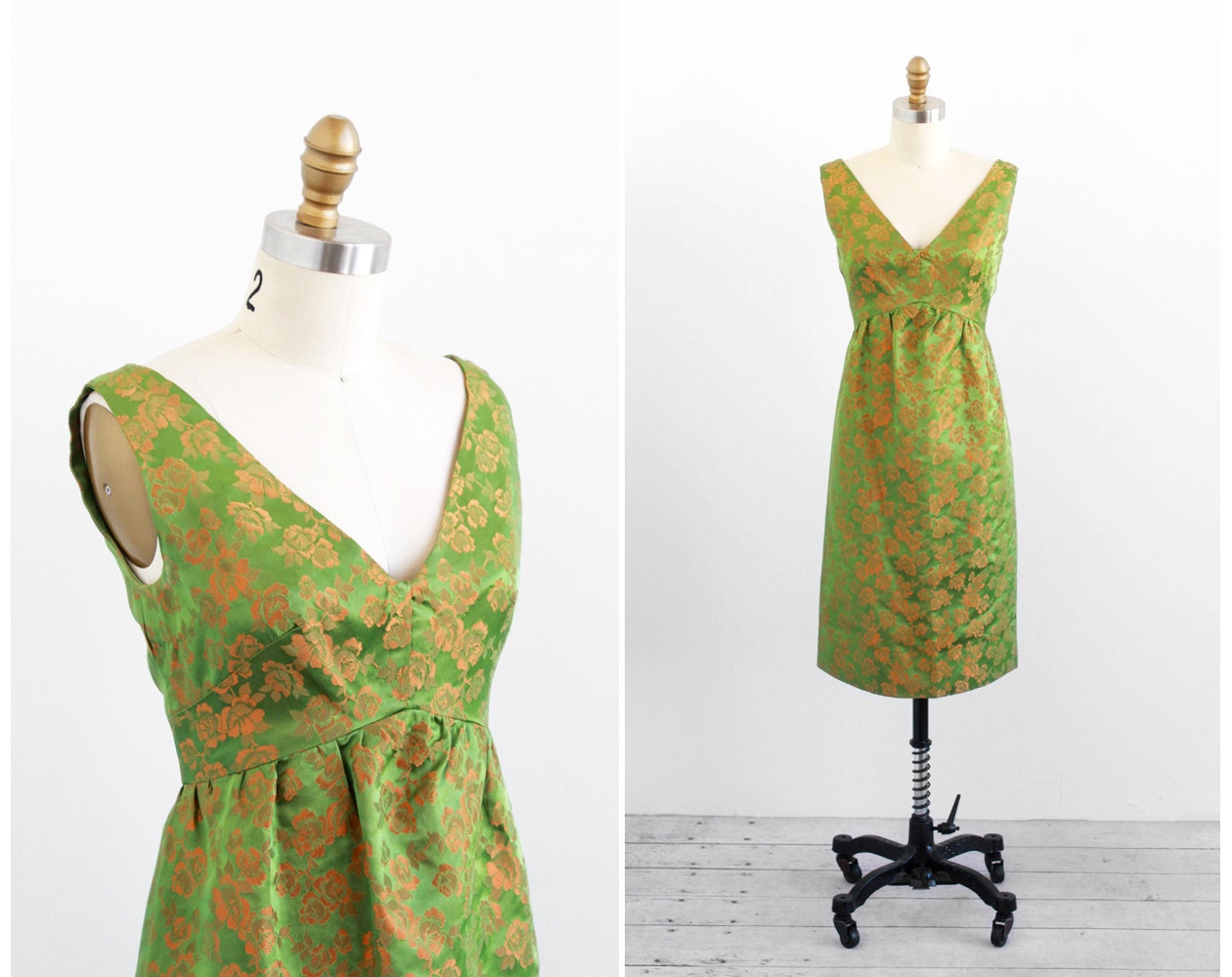 vintage 1960s dress / mad men dress / Green and Orange Roses Floral Satin Cocktail Dress