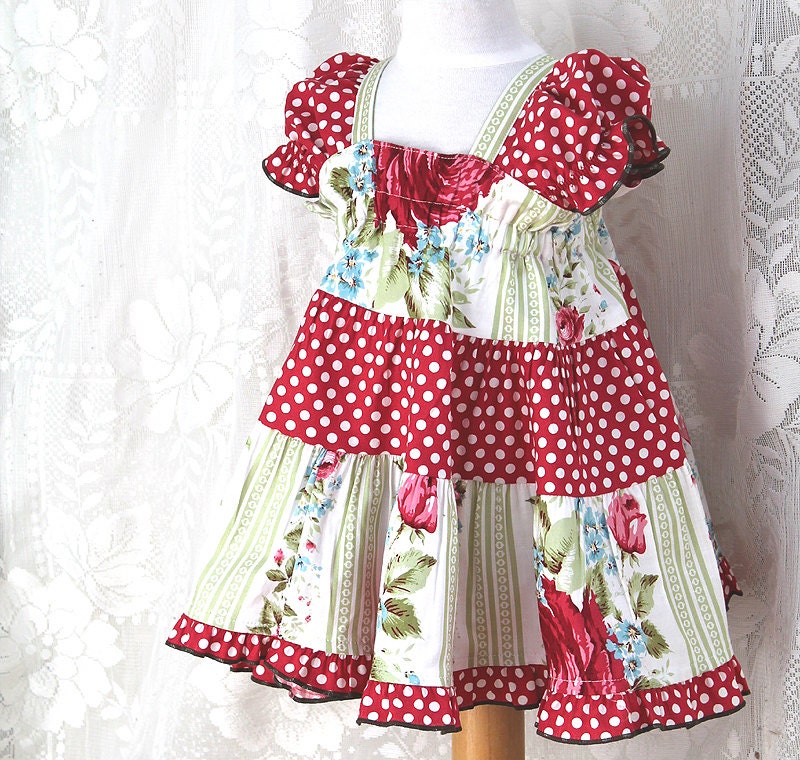 Cottage Chic Baby Dress Handmade Baby Clothes Infant Size 3 6 9 12 18 month Red Rose Polka Dot Baby Girl Dress Shabby Chic  Baby Clothing