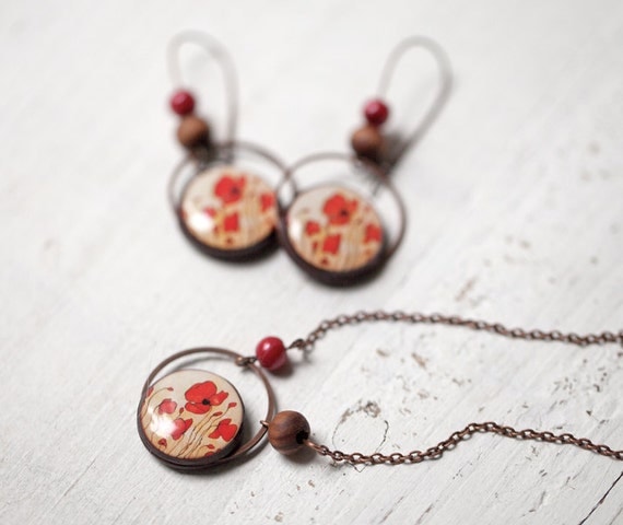 Red Poppy Jewelry set - Earrings and Necklace (S024)