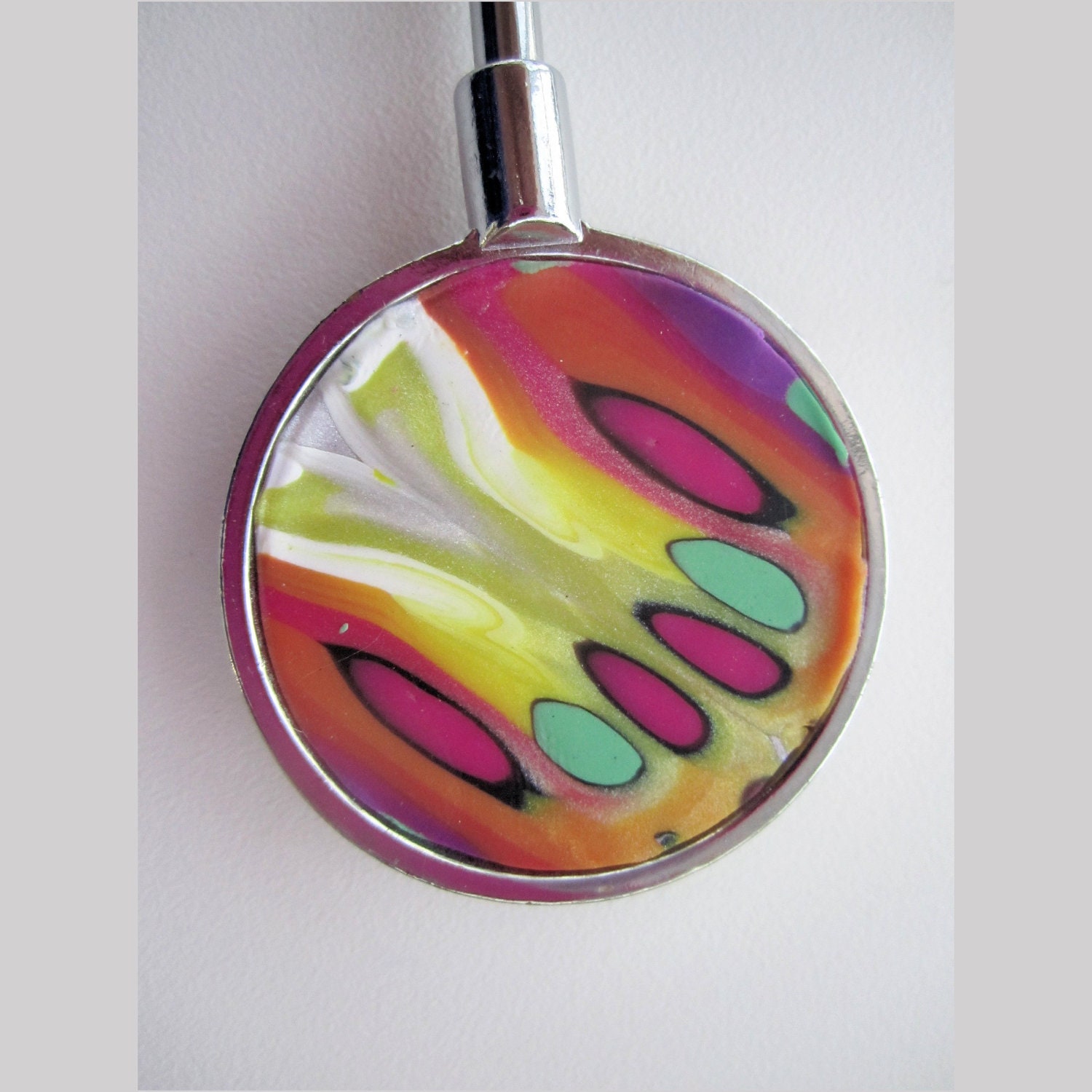 Purse Hangar, Purse Hook, Stainless Steel in Abstract Yellow and Orange with Fuchsia and Mint Accents