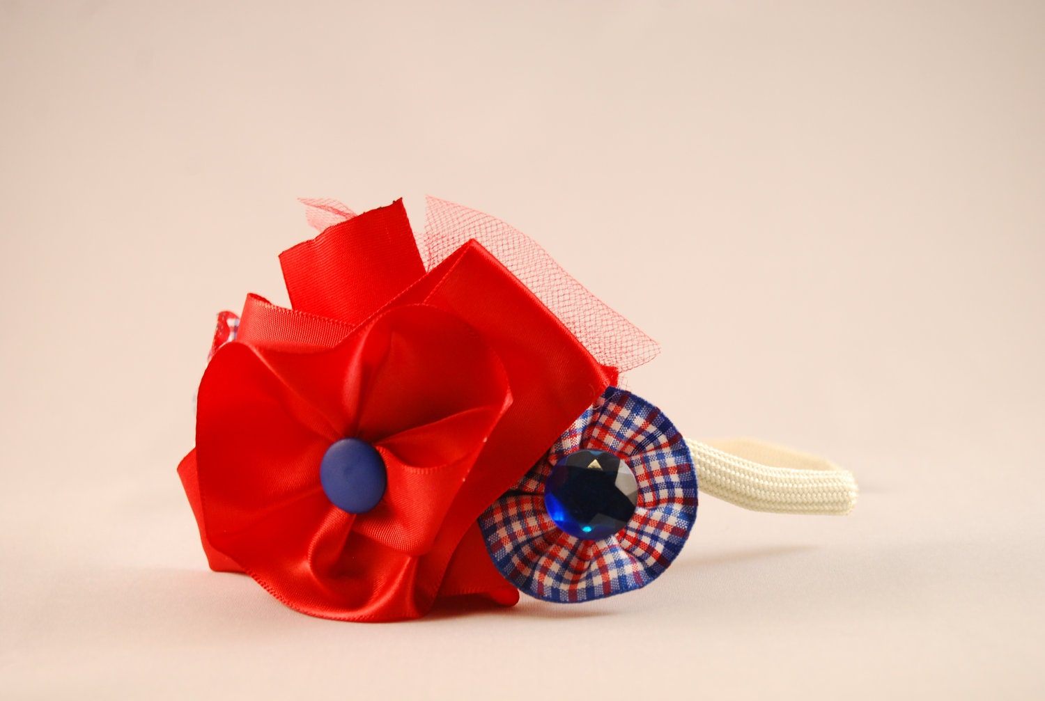 50% off LIQUIDATION SALE Red White Blue Ribbon Flower Tulle Headband