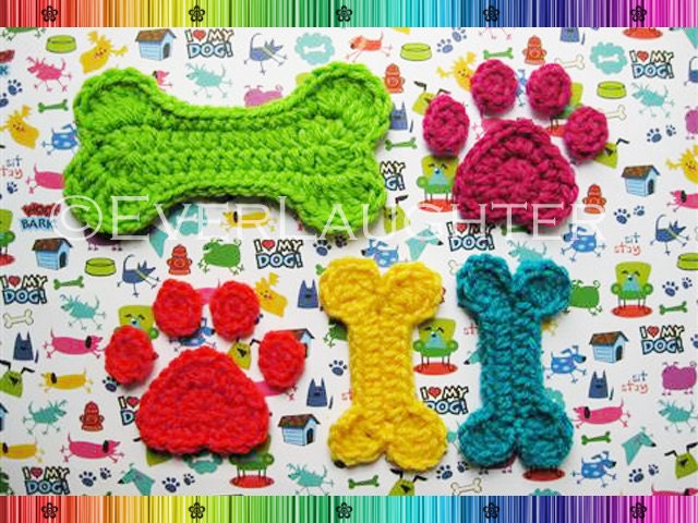 Dog Paw and 2 Sizes of Dog Bone Applique  - CROCHET PATTERN (PDF)