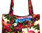 PInk Flamingos - Pleated Hobo Bag w Side Pockets, Purse