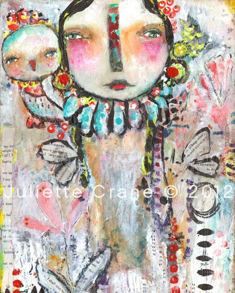 Primitive Bird Art, Raw- Lady Bird-an 8x10 inch Print of a Reproduction of the Original Painting by Juliette Crane