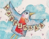 Mixed Media Original Painting Assemblage Collage Bluebird of Happiness by Ashlie Blake of Paintingbliss
