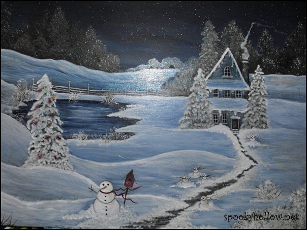 snowman night time scene Christmas print