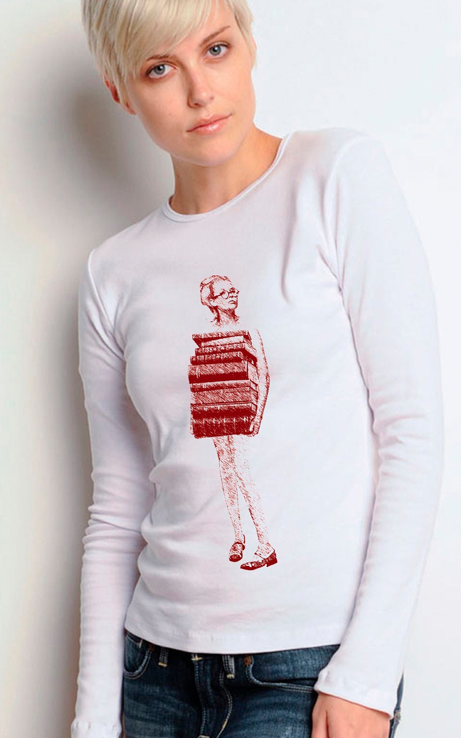 book shirt - vintage design JUST BOOKS - white long sleeve women's book t-shirt