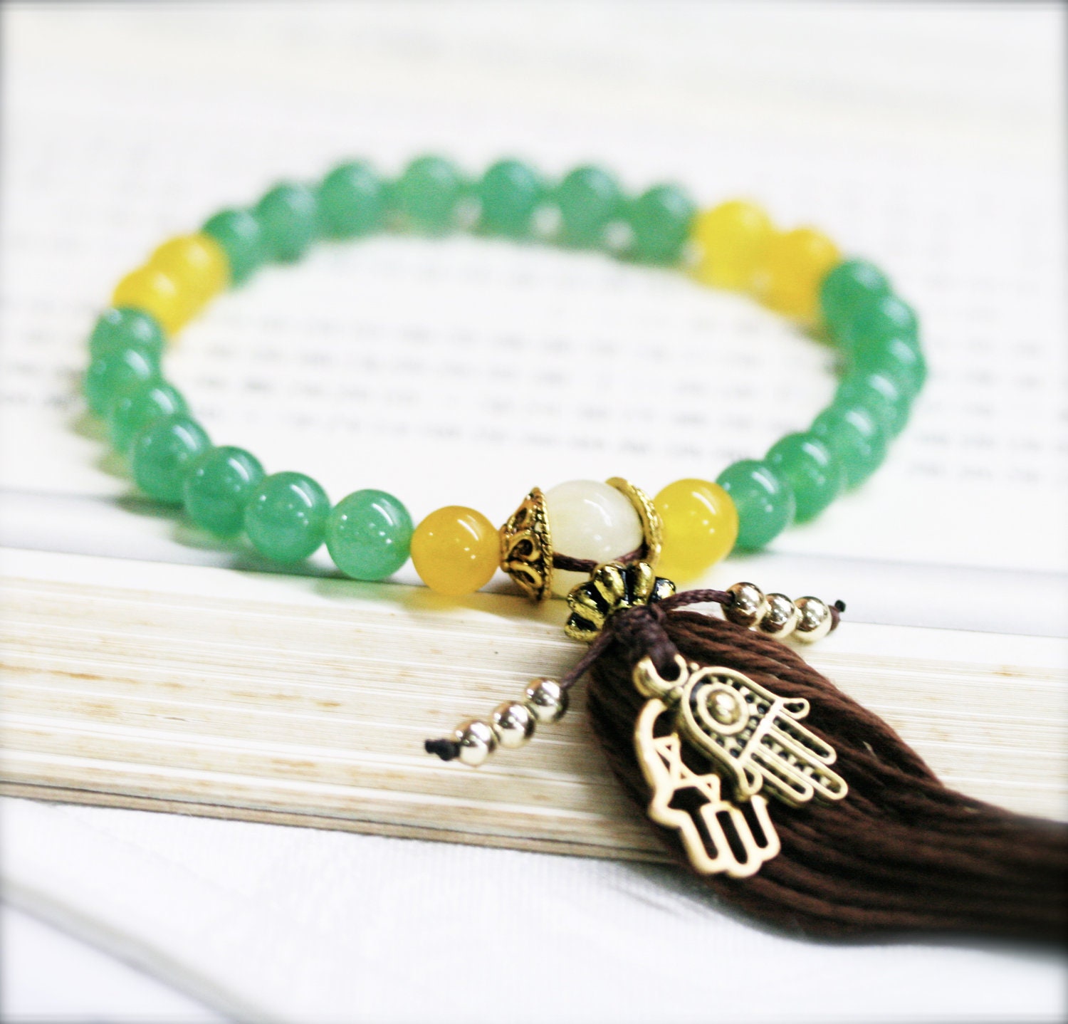 Pacifying wrist mala (stretchable), aventurine,  Chinese jade and hamsa charm