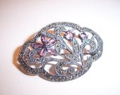 Vintage Sterling Silver 925 Marcasite Amethyst Flower Brooch Pin