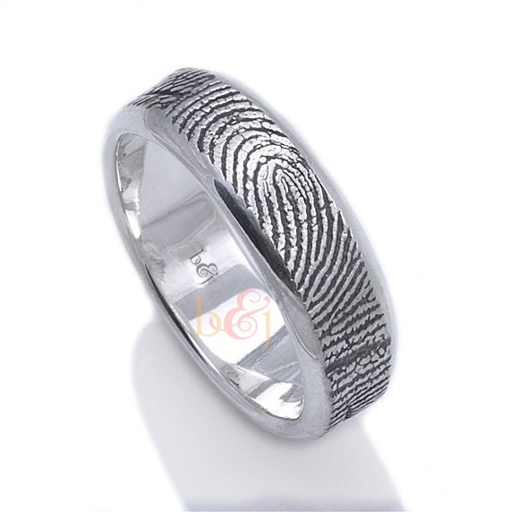 6mm Sterling Beveled Edge Custom Wedding Band with Fingerprint Wrapped Around the Exterior