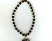 Non-magnetic Stretchy Hematite Bracelet w/Heart Dangle Large Sizes