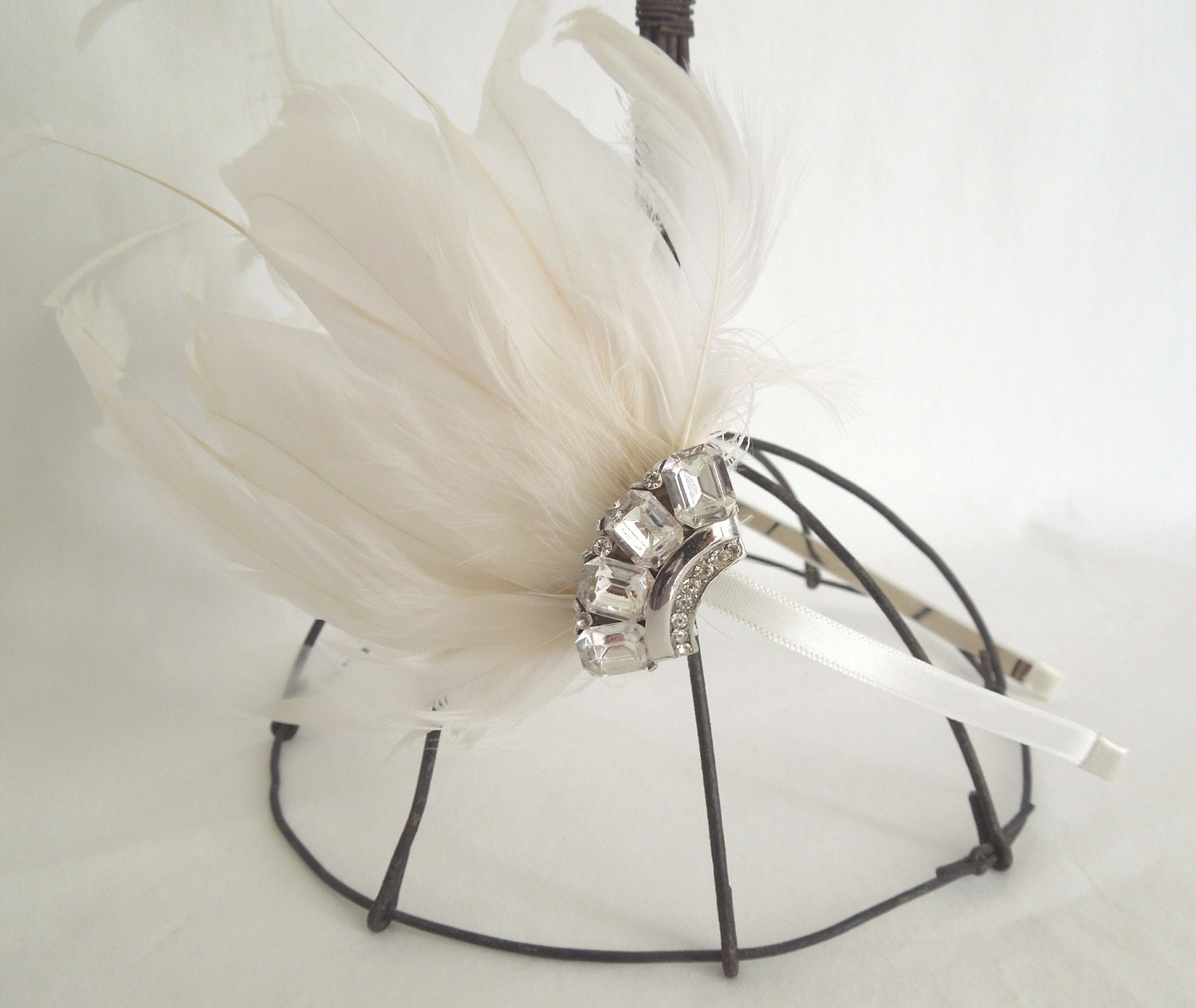 Ivory Feather Headpiece with Vintage Rhinestone Brooch Accent