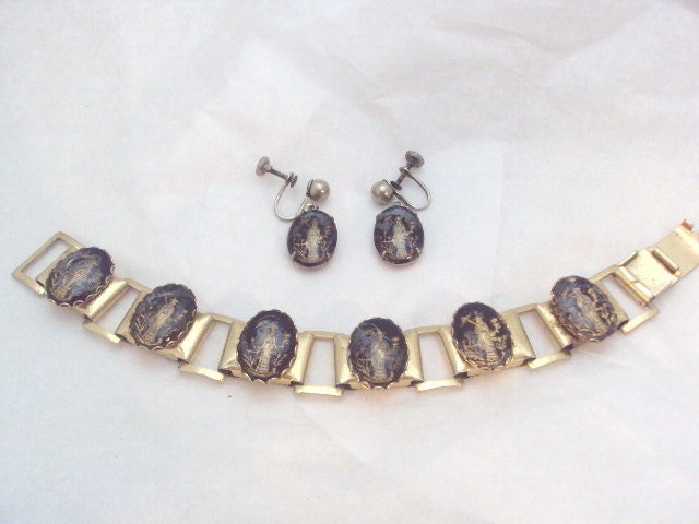 Vintage Chinese god Bracelet, Earrings with Lotus and Umbrella