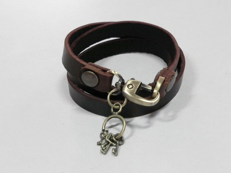 Leather Bracelet Leather Charm Bracelet Brown Color with Metal Key Charm