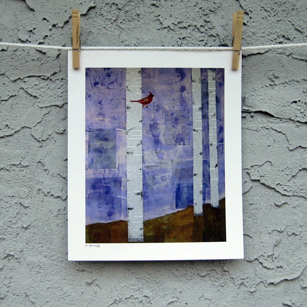 Bird Art Cardinal Birch Trees Fine Art  Print 8 x 10