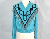 1980s Vintage Suede Leather Acrylic Sweater / Fringed and Beaded / Turquoise / Miller Outerwear /  Small