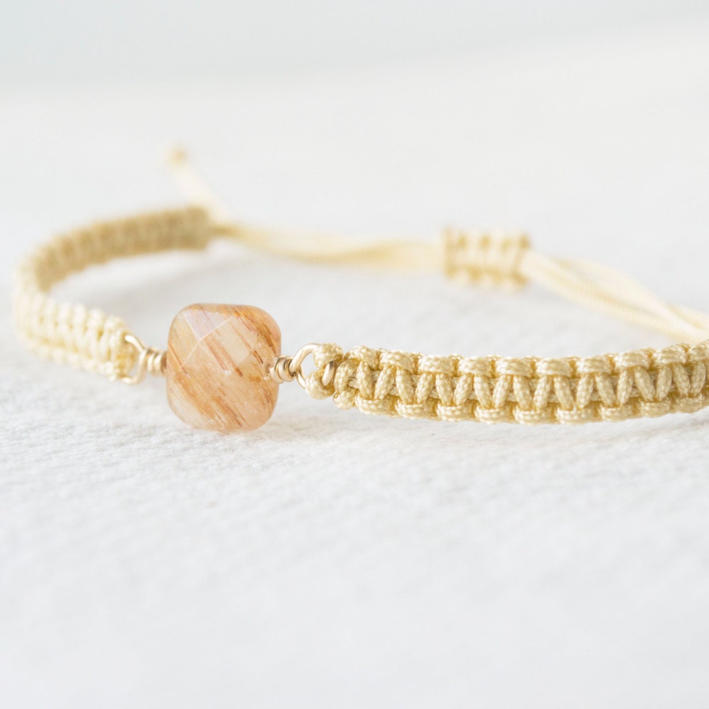 Rutilated Quartz, Gold Filled Wire and Chinese Knotting Cord Adjustable Bracelet