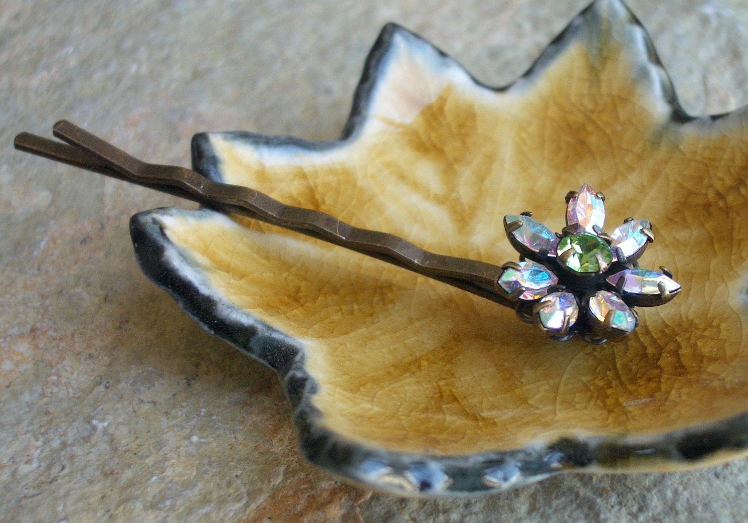 Swarovski Crystal Flower Hairpin, AB Crystal and Peridot Green, Antiqued Brass