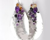 Hammered Stering Silver Earrings with Amethyst Black Spinel and Citrine, Dangle Earrings, Purple Black Iris Petal