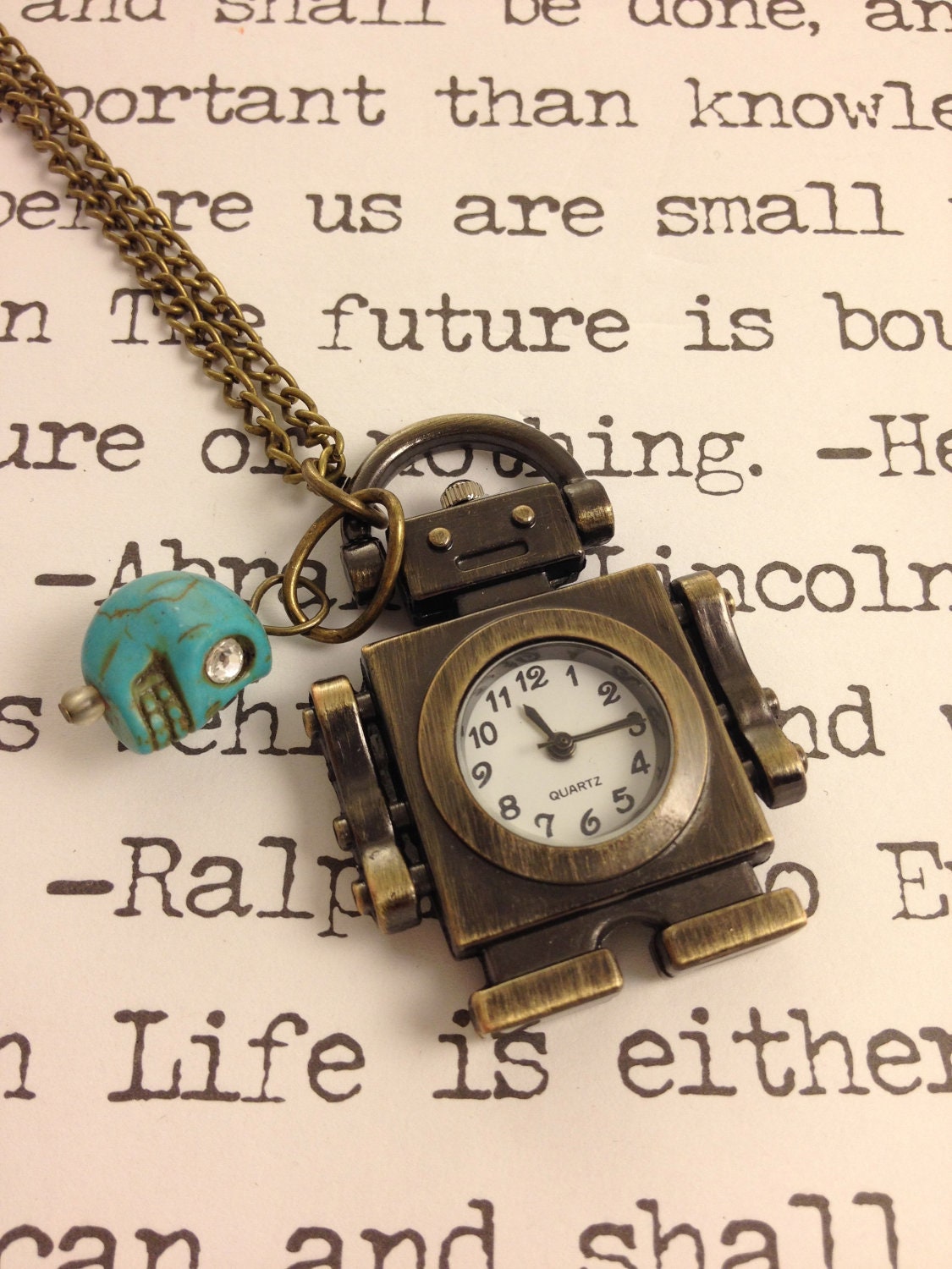 Vintage Style Bronze Robot Clock Pocket Watch Pendant Necklace with Teal Turquoise Howlite Skull Bead and Swarovski Crystal
