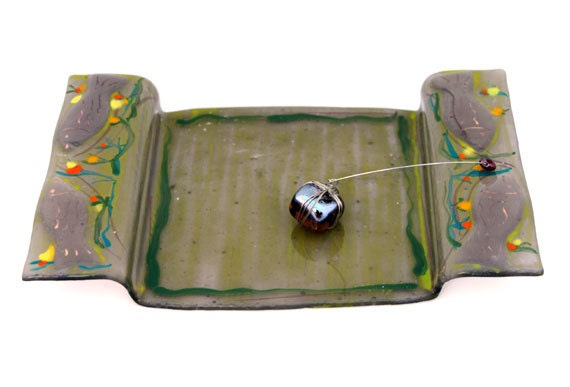 Fused Glass painted flat napkin holder, elegant transparent gray, decorated with bold glass fish .