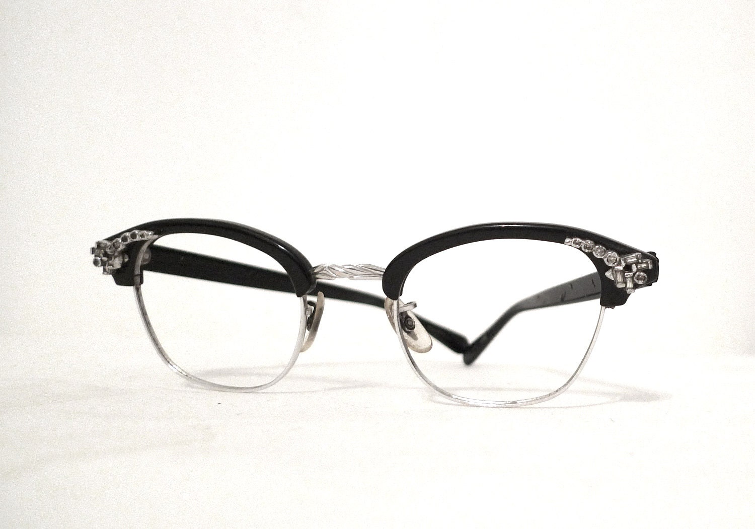 Vintage Rhinestone Cat Eye Frames, Menswear Inspired Black Horn Rims / Screen Star/ Mad Men Eyeglasses or Sunglasses
