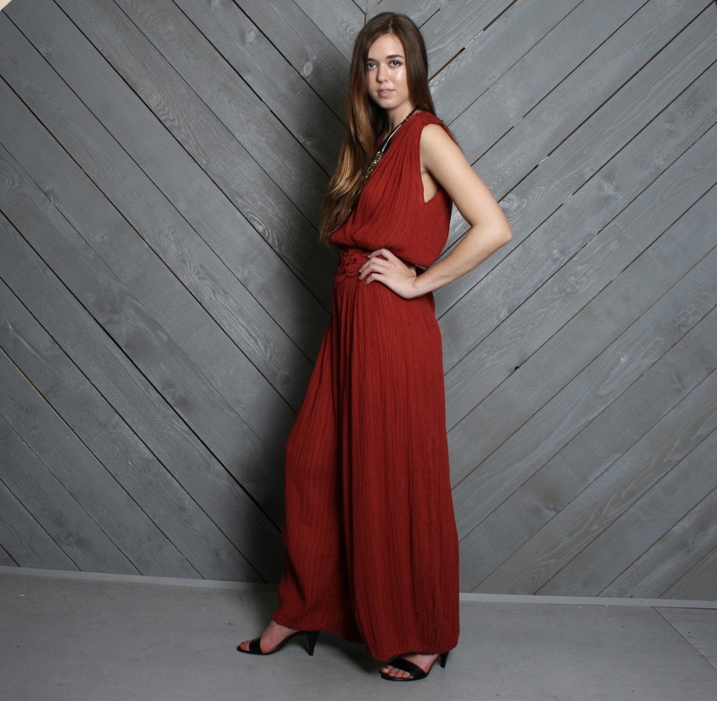 80s GAUZE JUMPSUIT / Burgundy Plunging Palazzo with Crochet Trim, osfm
