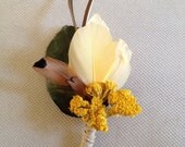 Golden Yarrow Grooms Boutonniere with Feathers and a real leaf, ready to ship