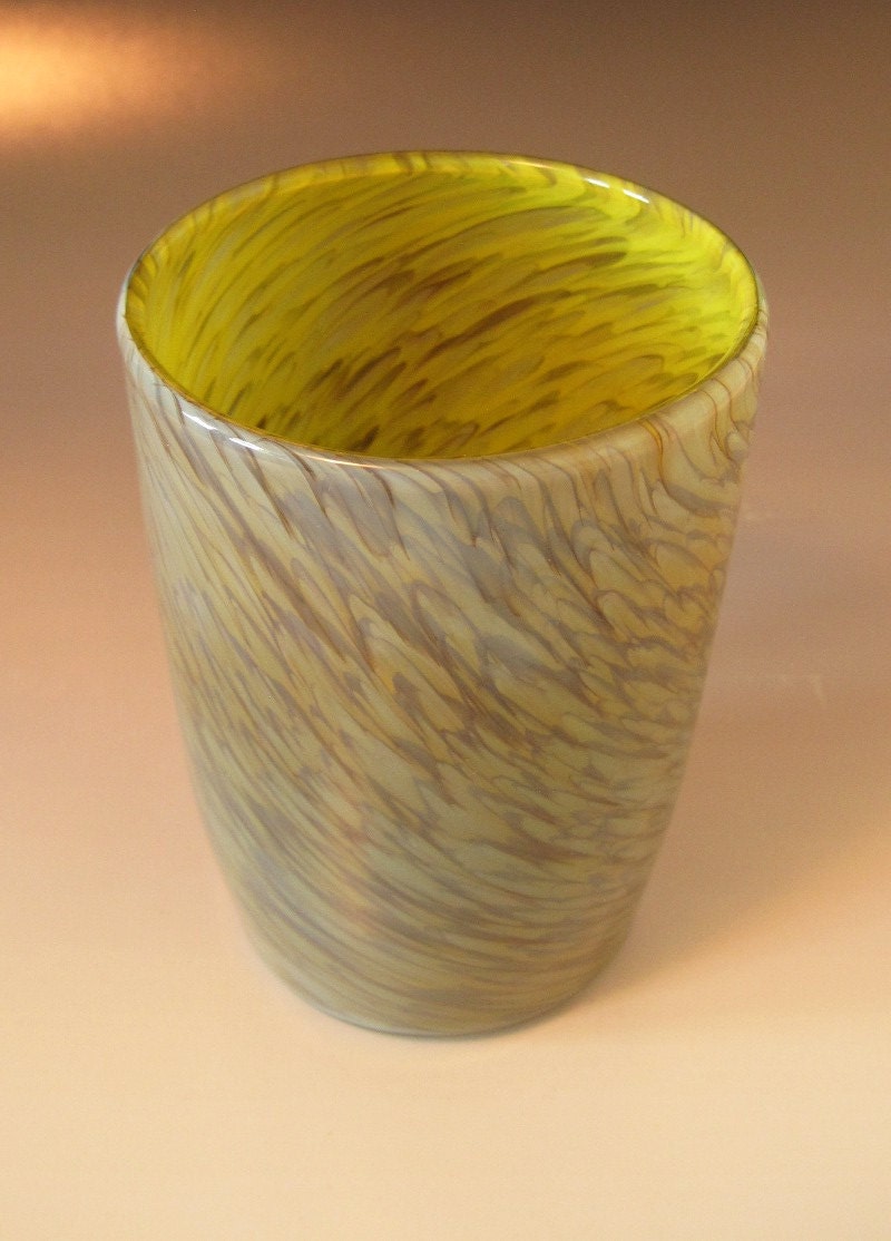 Hand blown glass tumbler light blue and chartreuse BCh -a