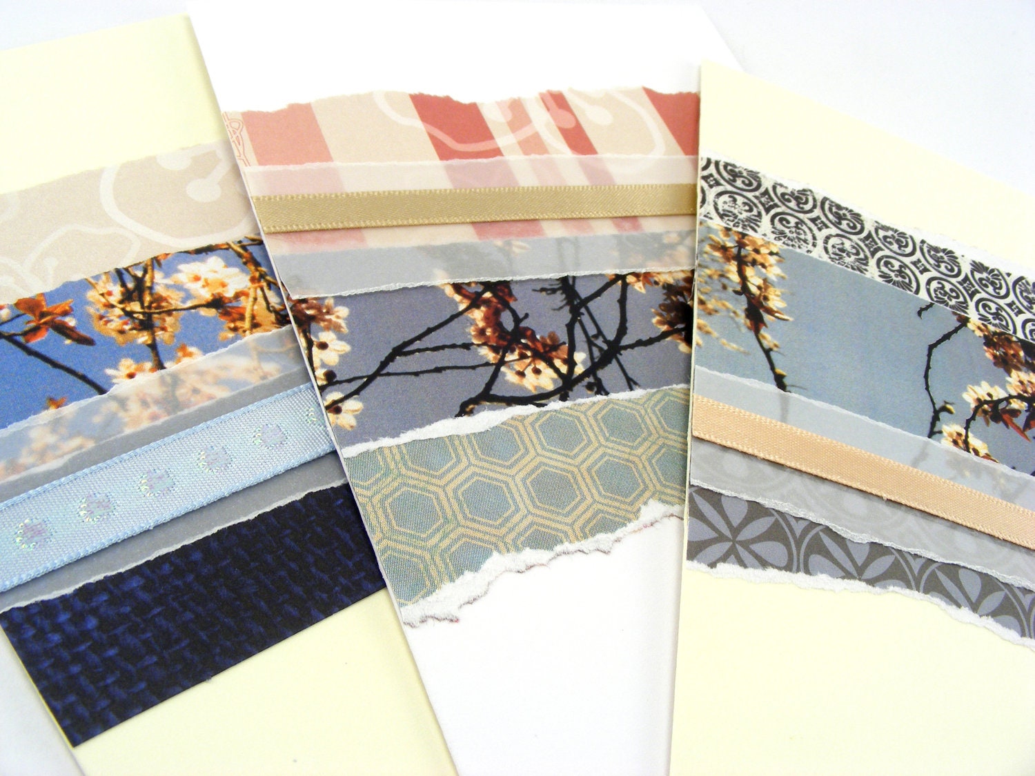 Cards Cherry Blossom Collage, 3 A6 Handmade Blank Cards by Jessica Sherriff
