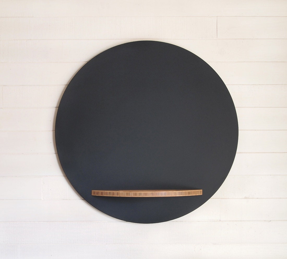Round Chalkboard with Bamboo Tray, 26 Inch Diameter, Hanging Modern - ThisCenturyModern