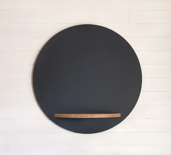 Round Chalkboard with Bamboo Tray, 26 Inch Diameter, Hanging Modern
