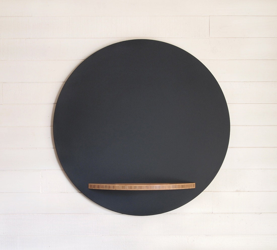 Round Chalkboard with Bamboo Tray, 26 Inch Diameter, Hanging Modern