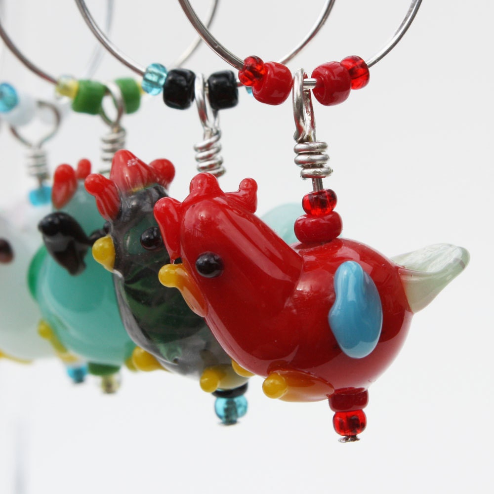 Lampwork Glass Chicken Wine Glass Charms Glass Tags Wine Markers