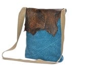 LAST ONE- Hobo Tote ARVA 2 Olympian blue linen messenger bag with recycled brown leather flap / eco friendly/ cross body bag
