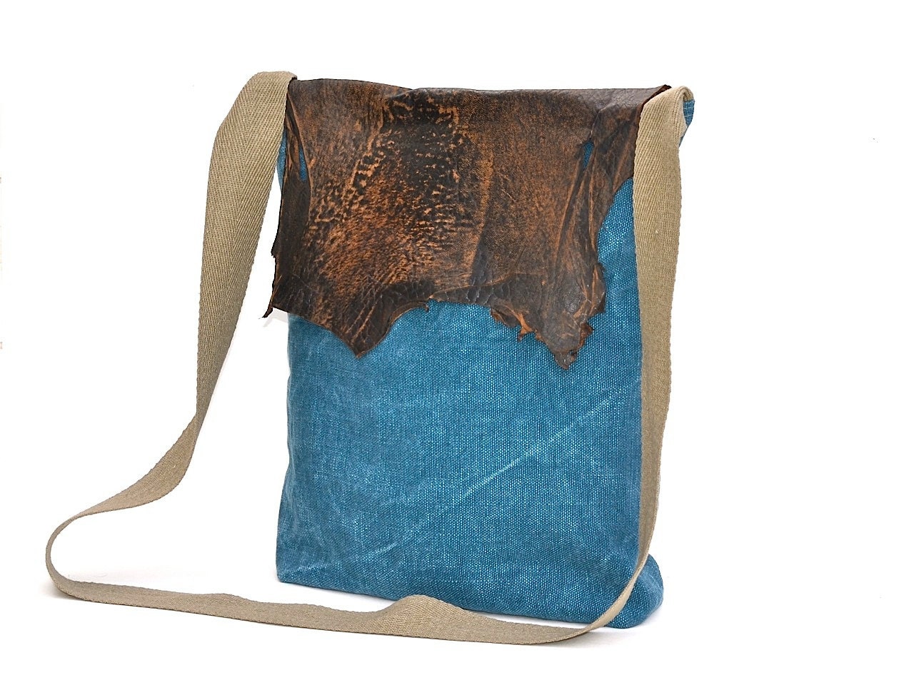 LAST ONE- Hobo Tote ARVA 2 Olympian blue linen messenger bag with recycled brown leather flap / eco friendly/ cross body bag