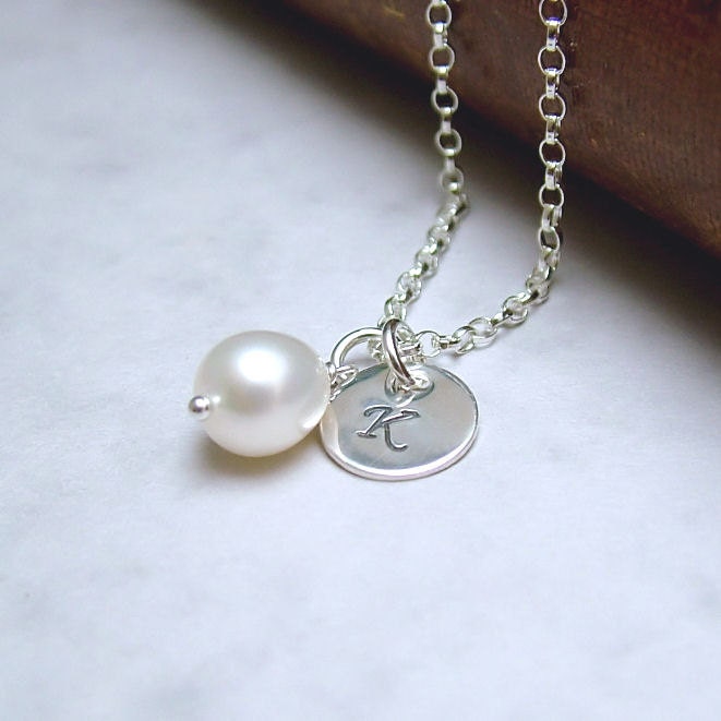 Silver Initial Necklace and Pearl, Personalized Necklace, Sterling Silver, bridesmaid jewelry, mother of the bride