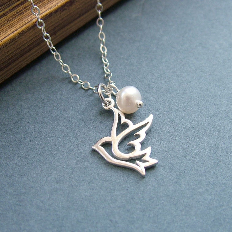 Dove Pendant Necklace, Sterling Silver and Freshwater Pearl, Bird Necklace, Peace Dove Necklace