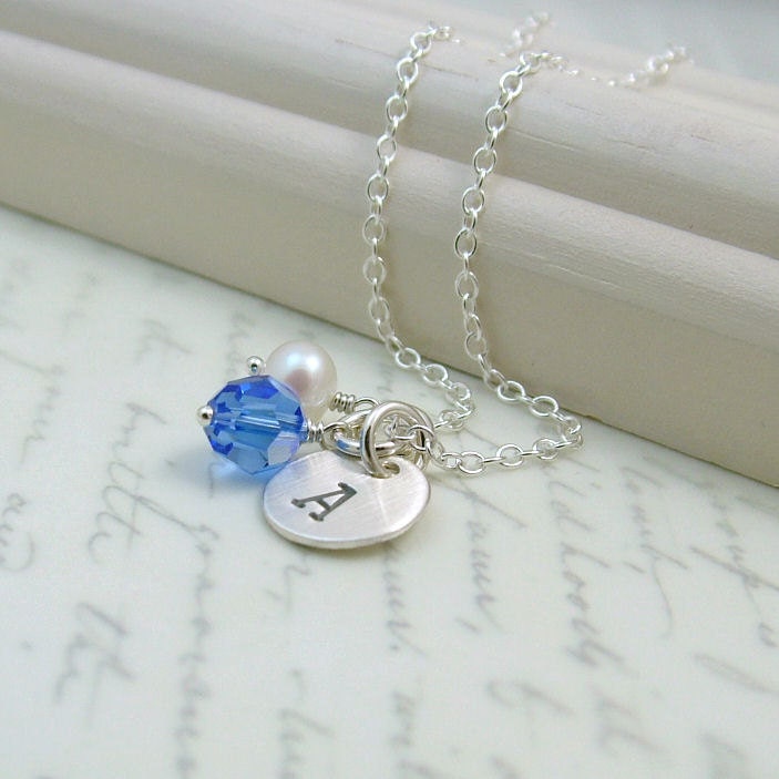 Silver Initial Necklace, Sterling Silver, Sapphire Crystal, September birthstone, initial jewelry, stamped, bridesmaid gift