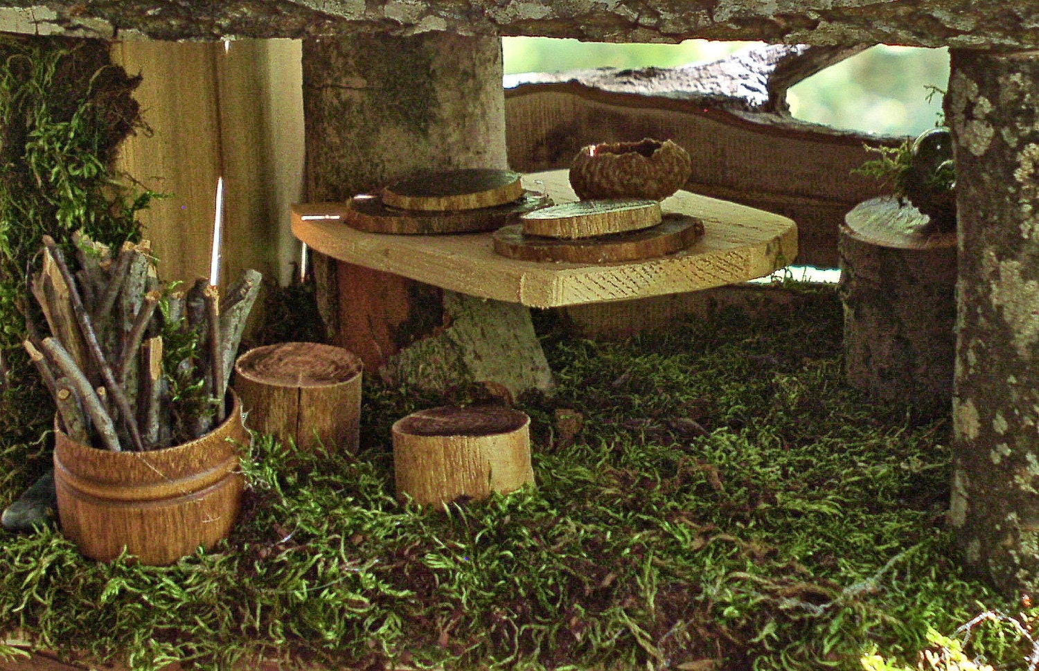 Woodland Fairy House Garden Cottage Custom One Of A Kind Handmade with Fairy Furniture Moss Twigs Fully Furnished All Natural