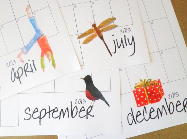 2013 Printable Clipboard Calendar, PDF, Illustrated Original Watercolor Artwork, 8 1/2 x 11 inches