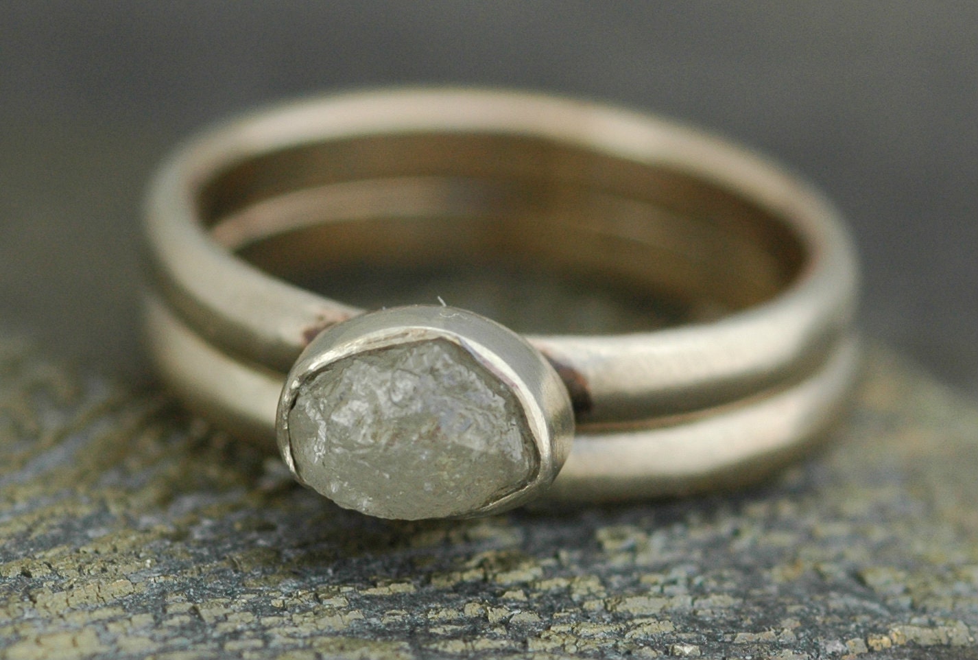 Bezel-Set Rough Large Diamond Stacker Ring and Band in 14k White Gold- Ready to Ship, Size 6