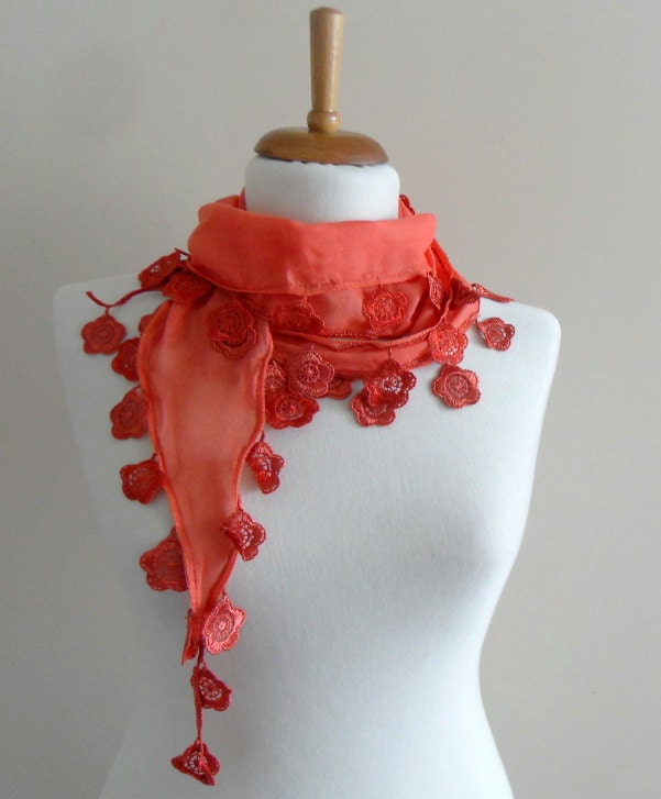 Coral Scarf - Cotton Scarf - Cowl with Lace Edge - Flower Scarf - Bridesmaid Gift