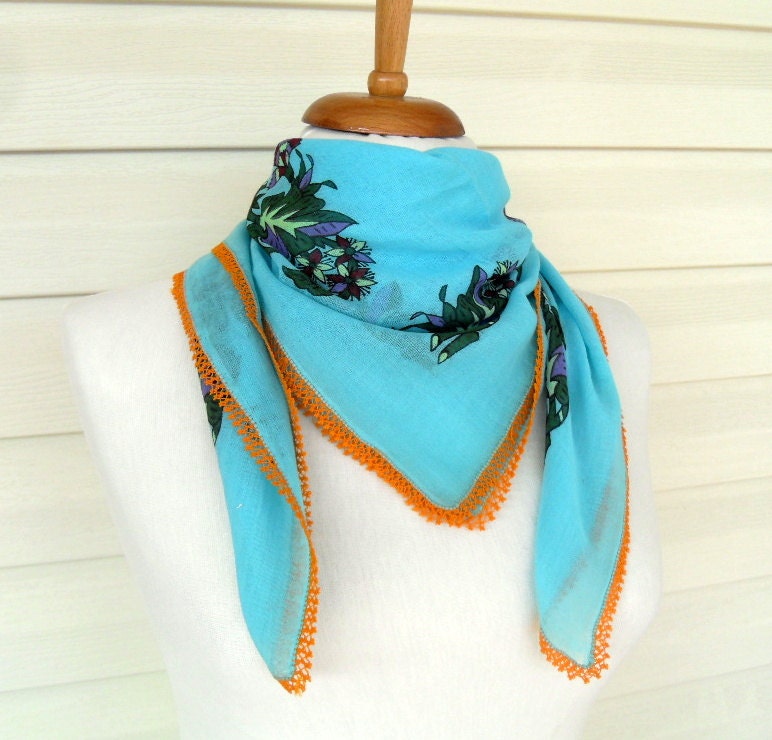 Vintage Scarf, Turquoise Blue Scarf, Turkish Anatolian Traditional Scarf, Turkish Scarf, Cotton Scarf