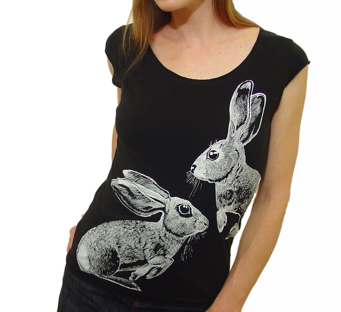 Cottontail rabbit tshirt - eco friendly white ink screenprint on black cotton scoop neck - womens sizes S, M, L, XL